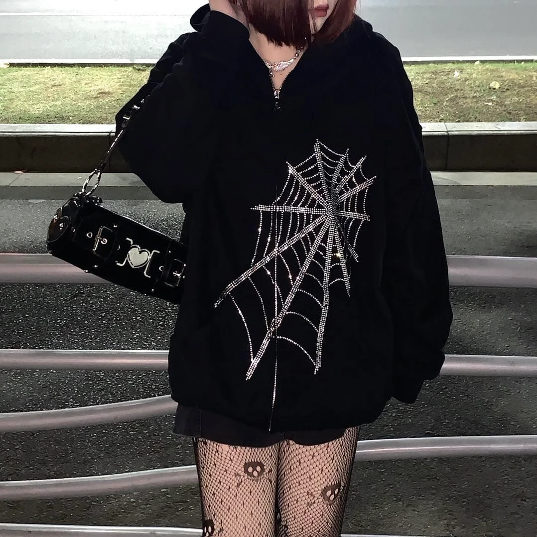 Christmas Gift Y2K Gothic Butterfly Print Oversize Zip Up Hoodies 2021 Winter New Grunge Long Sleeve Sweatshirt Casual Hooded Jacket Streetwear