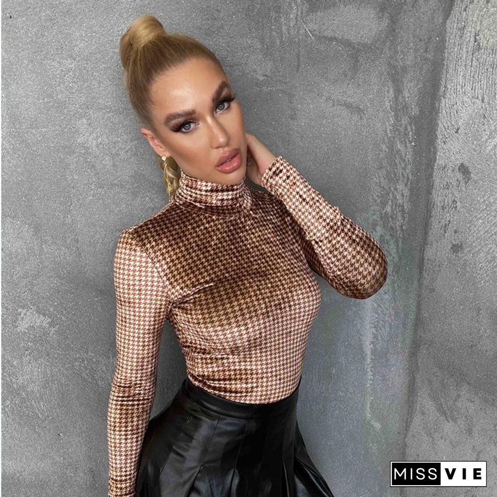 Velvet Plaid Round Neck Pullover Knitted Long Sleeve Top