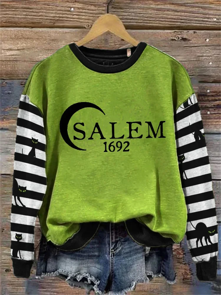Salem 1692 Black Cats Striped Contrast Washed Sweatshirt