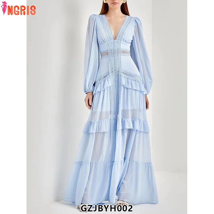 Fashion Style 2025 Spring New French Style Elegant Deep V Ruffled Lace Patchwork Long-sleeved Dress-GZJB002
