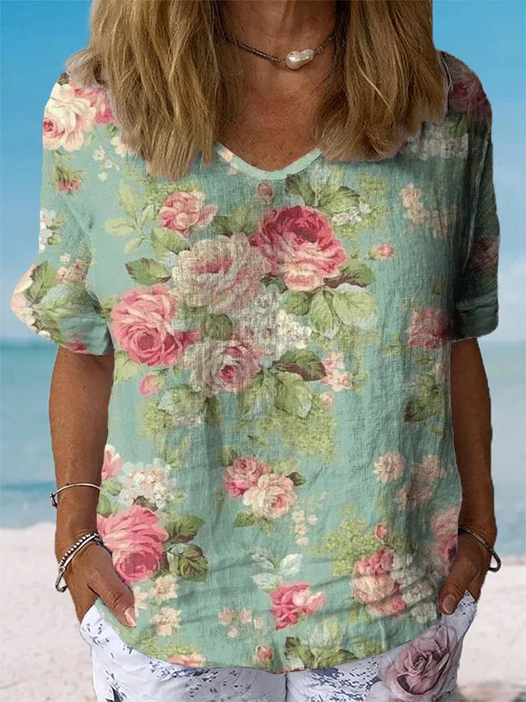 Women's Floral Art Print Casual Cotton And Linen Shirt