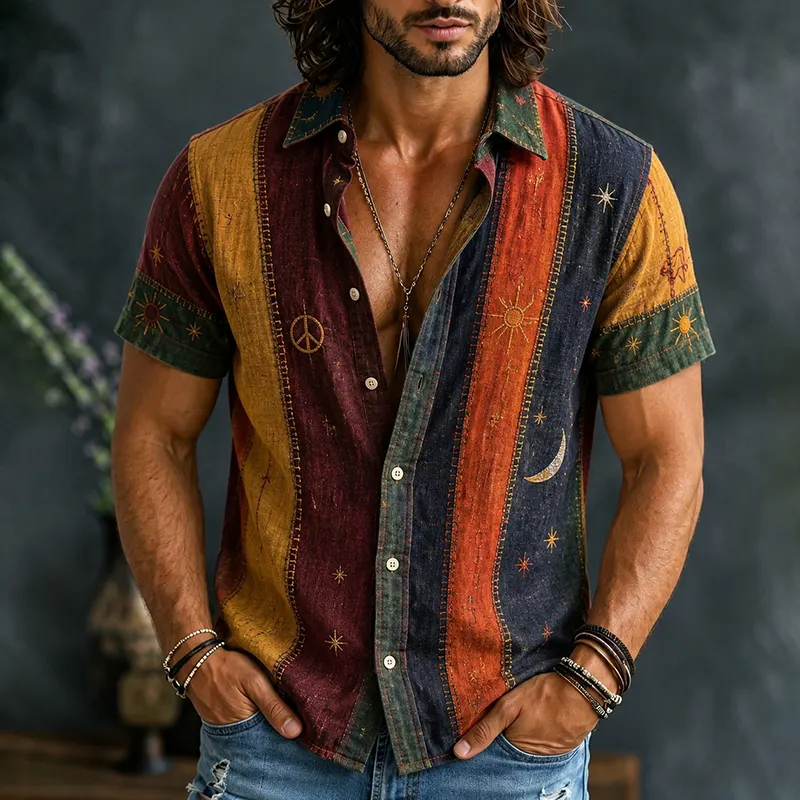 Comstylish Men's Vintage Patchwork Peace Sign Sun Moon Star Art Print Shirt