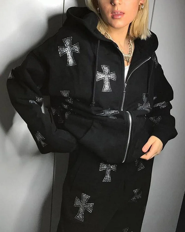 Cross Rhinestone Oversized Hoodie Coord Set