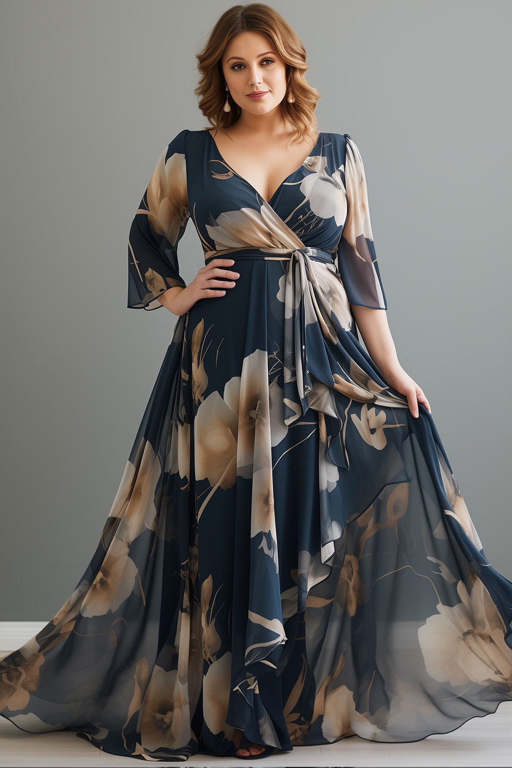 Flycurvy Plus Size Mother Of The Bride Navy Blue Chiffon Floral Print Wrap 3/4 Sleeve Maxi Dress 2024 - Flycurvy 