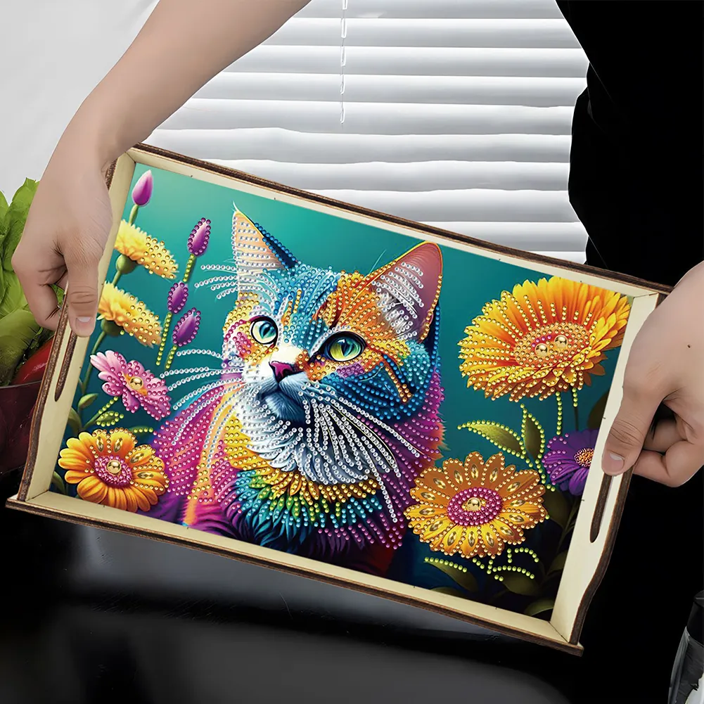 5D DIY Sunflower-Kitten Diamond Painting Serving Tray with Handle for Home Decor