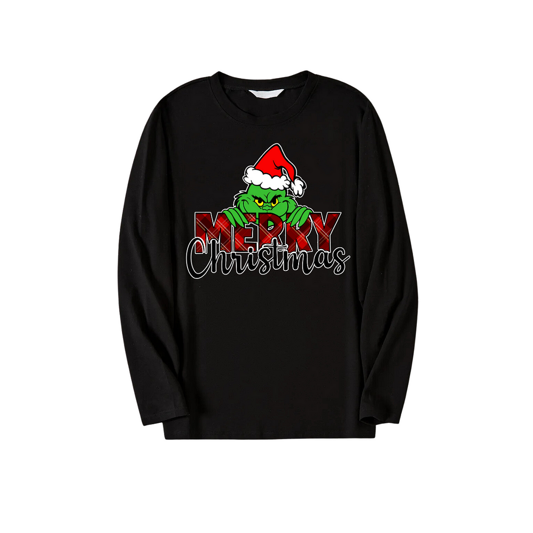 Christmas Cartoon Pattern and "Merry Christmas" Print Black Long Sleeve Top with Green and Black Plaid Family Matching Pajamas