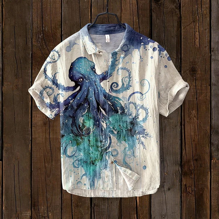Retro Watercolor Mutated Octopus Art Pattern Linen Blend Shirt