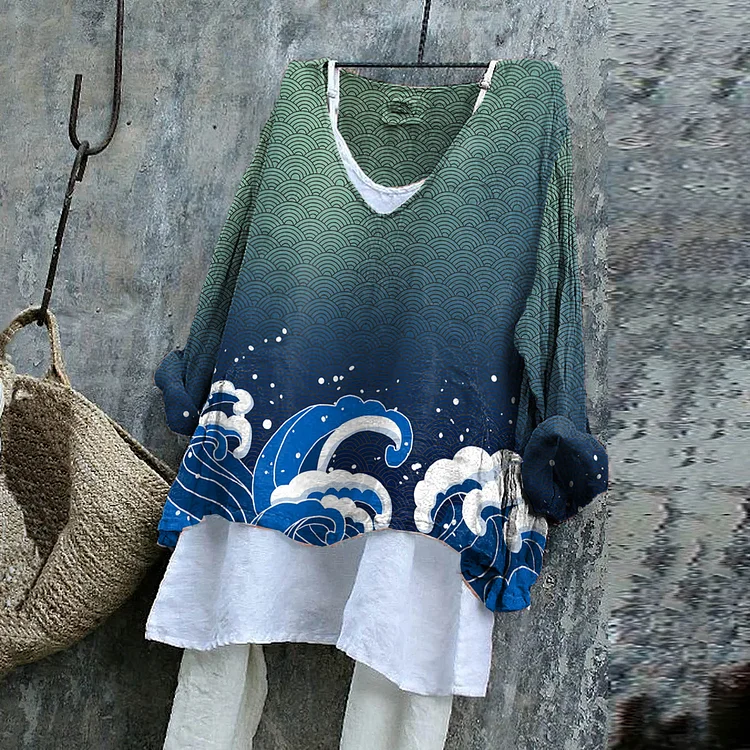 Wave Art Graphics Cotton Linen V Neck Casual Shirt