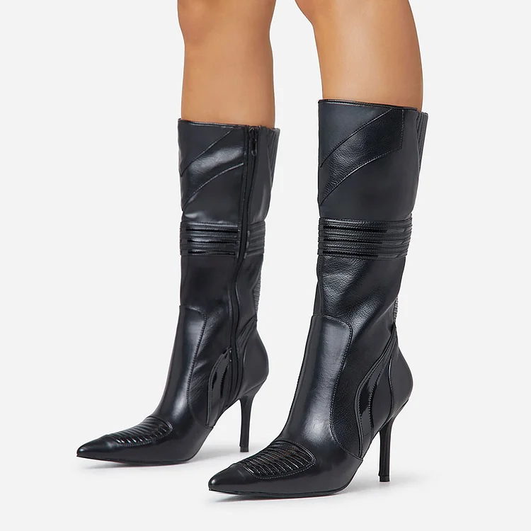Black Pointed Toe Stiletto Shoes Moto-Inspired Mid-Calf Boots |FSJ Shoes