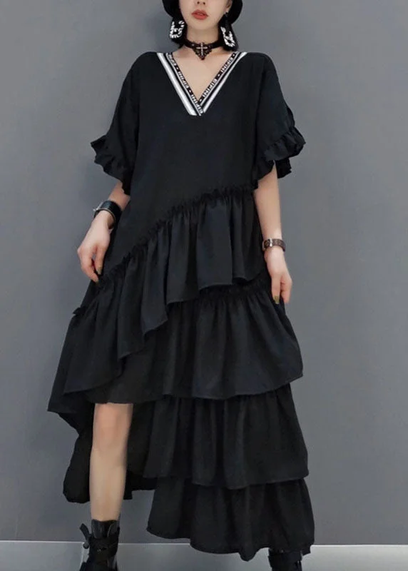 Art Black V Neck Ruffled Asymmetrical long Dress