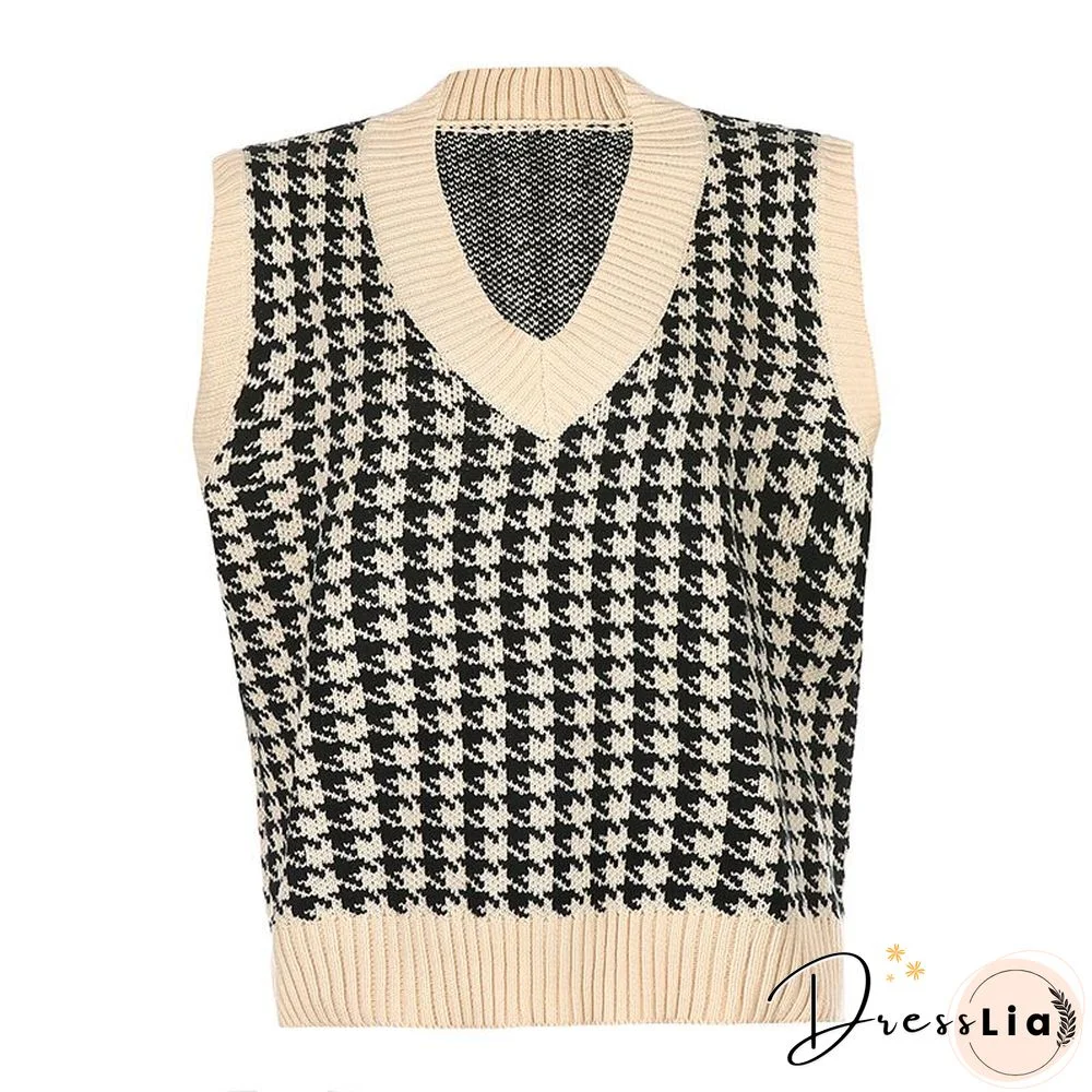 Checkered Cropped Knitted Tank Argyle Sleeveless Jumper