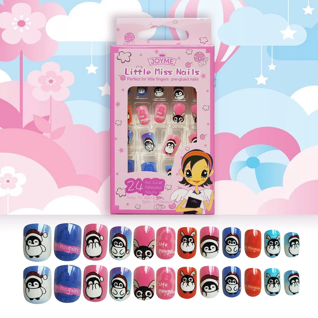 24Pcs/Set Press on Children Candy False Nail Tips Cartoon Full Cover Kid Pink Fake Nail Art for Little Girls Manicure Tool-Nail Inspo
