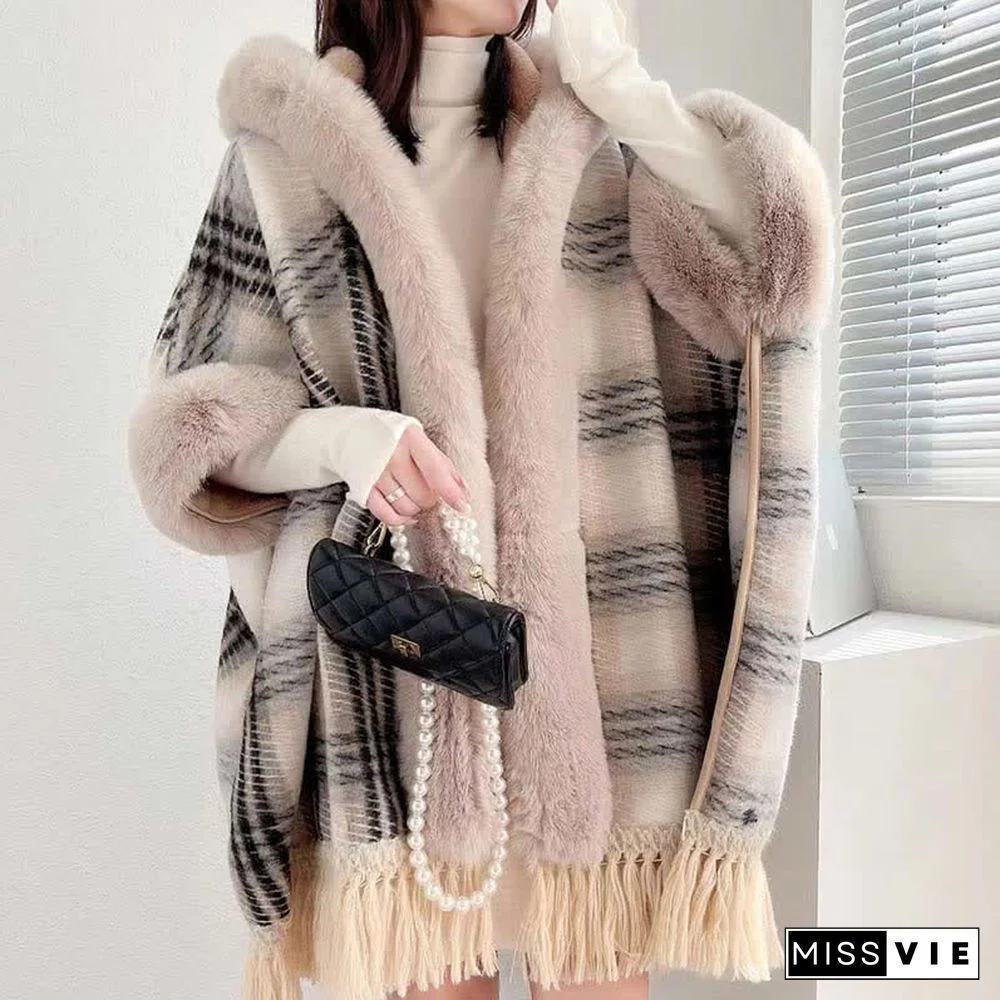 Plaid Print Furry Collar Fringed Casual Hooded Cloak Coat