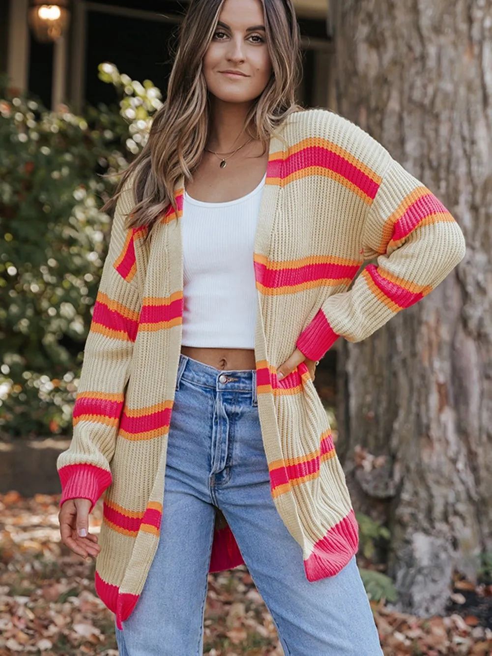 Ribbed Knit Long Cardigan with Striped Print