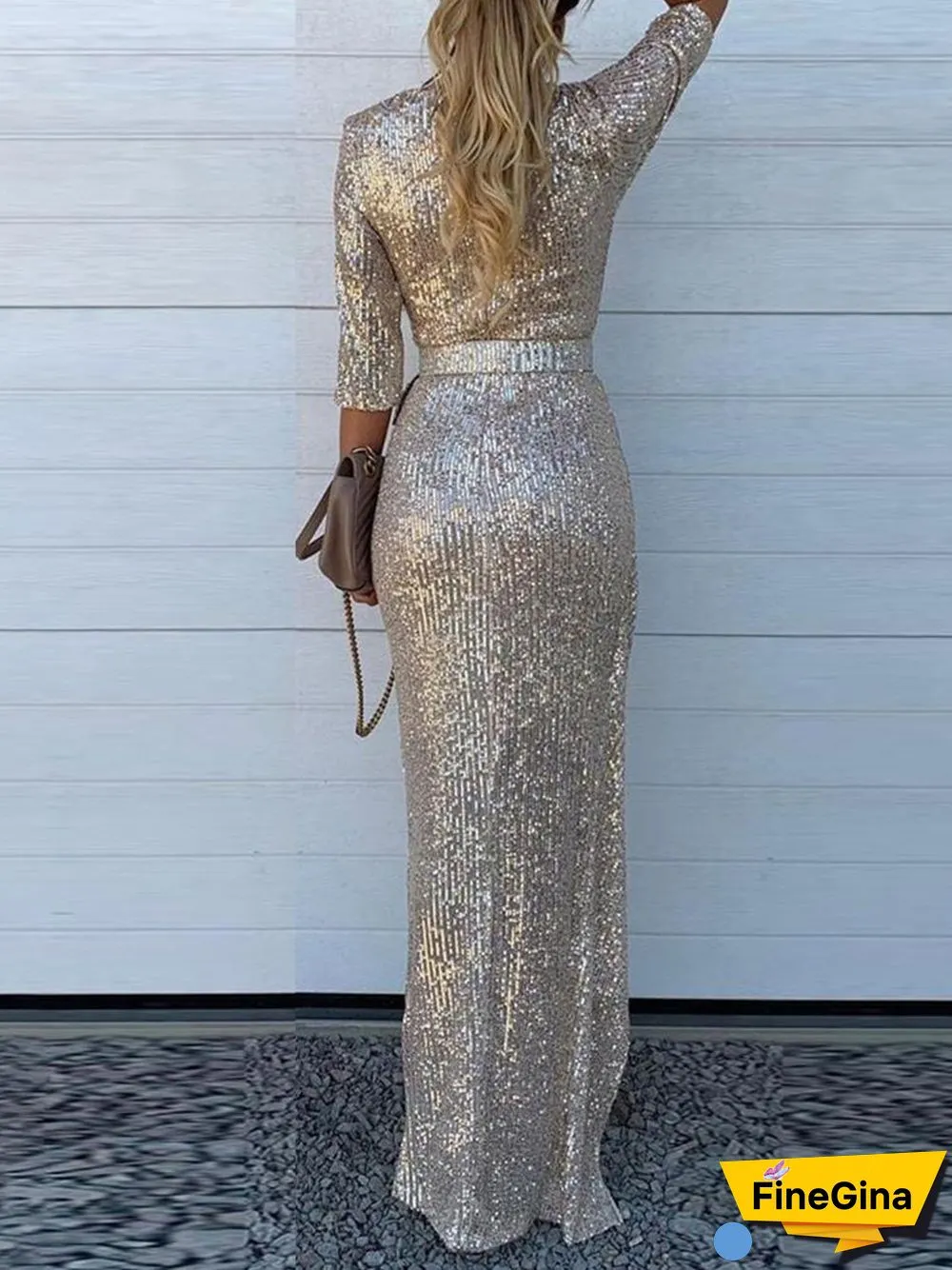 Sequins Half Sleeve Maxi Slit Dress P14592