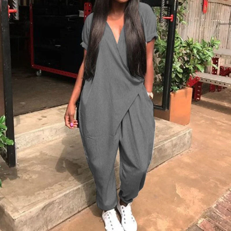 2022 ZANZEA Fashion Summer Rompers Women Solid V Neck Long Jumpsuits Casual Loose Short Sleeve Overalls Harem Pants Playsuits