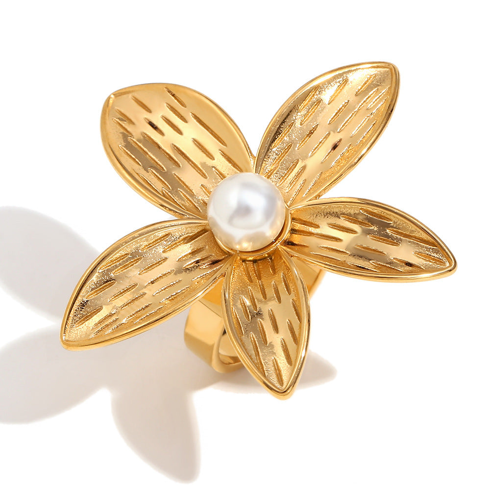 Vintage Earrings Stainless Steel 18K Gold Plated Frangipani Pearl Flower Ring For Women