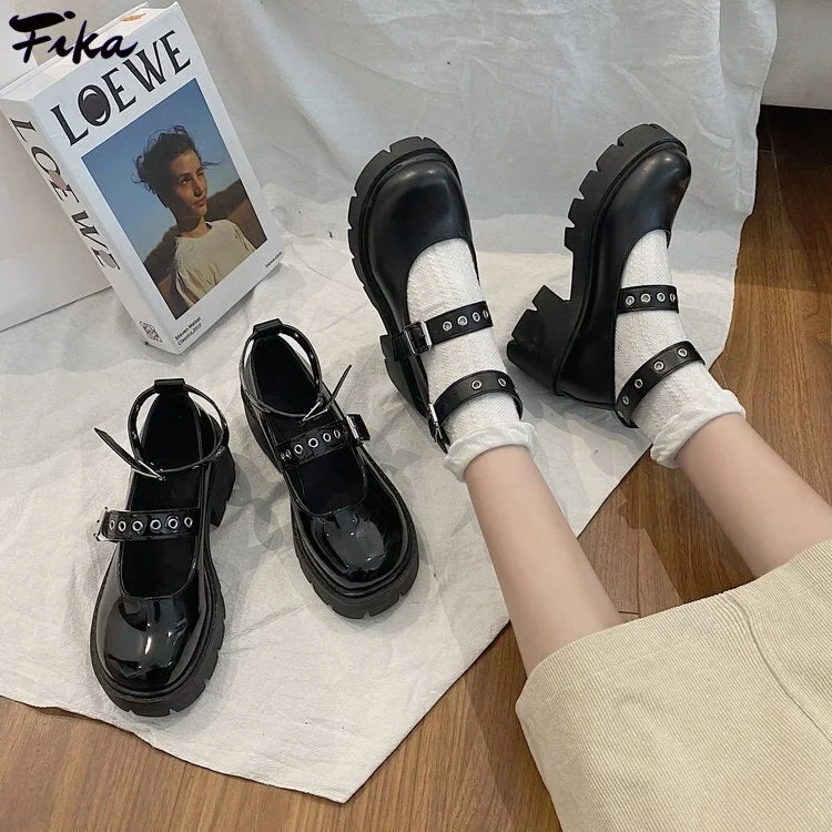 Platform Lolita Shoes Japanese Style Women Soft Leather Heel Shoes 2021 Ladies College Student Black Mary Jane Shoes Goth Punk