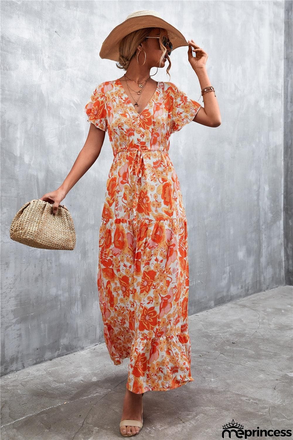 Floral Buttoned Drawstring Waist Tiered Dress