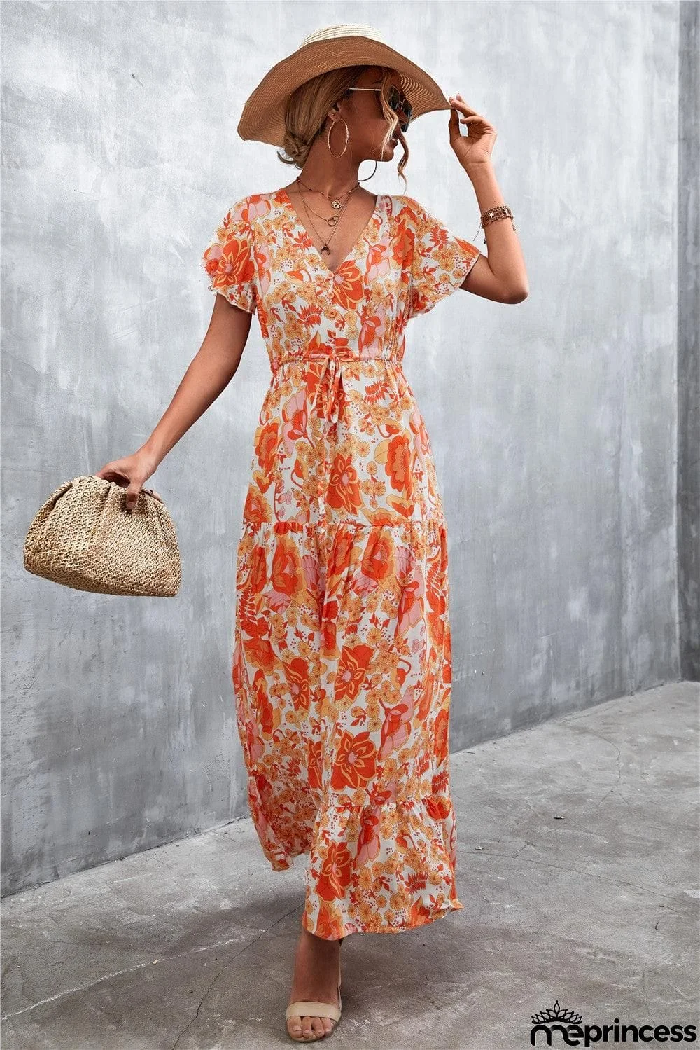 Floral Buttoned Drawstring Waist Tiered Dress