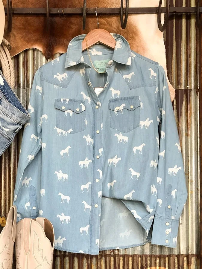 Women's Retro Cowboy Horse Print Shirt