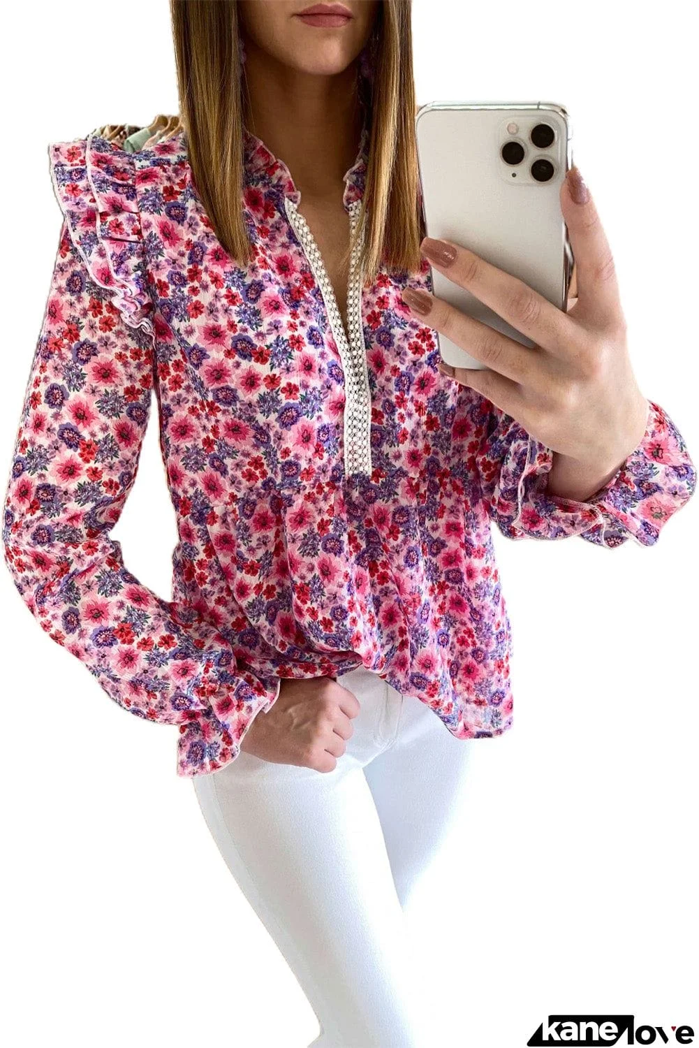 Floral Pattern Peplum Blouse with Ruffles