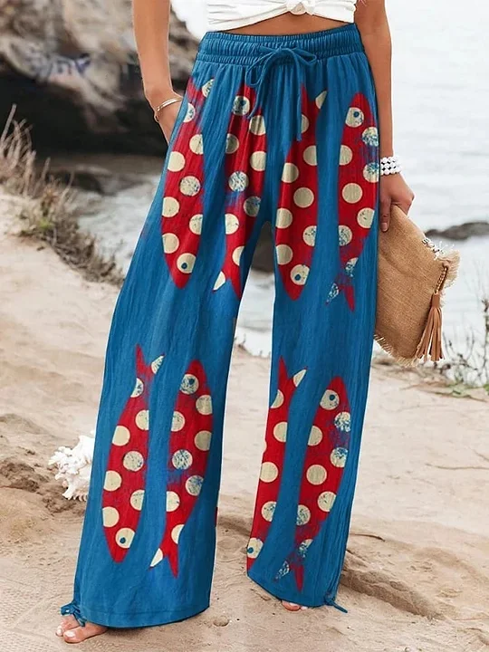 Women's  Fish  Art Printed Cotton And Linen Casual Pants