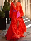 Solid Color Split-Front Long Sleeves Maxi Dresses (No Have Belt)