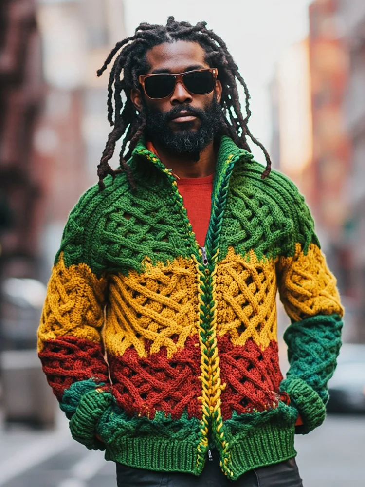 Reggae Inspired Contrast Color Chunky Cable Knit Zipper Lapel Cardigan