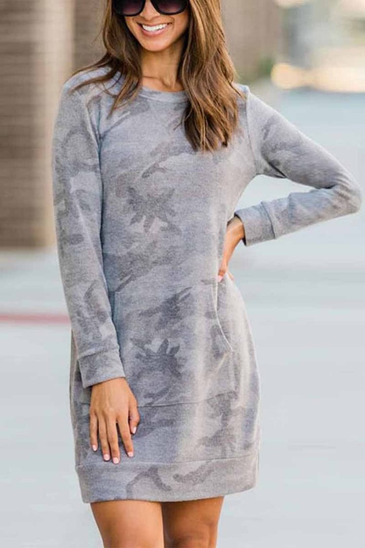 Casual Loose Round Neck Camouflage Mini Dress