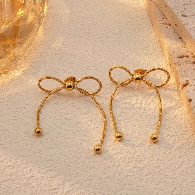 Lady French Style Bow Knot 304 Stainless Steel 18K Gold Plated Earrings Necklace Jewelry Set
