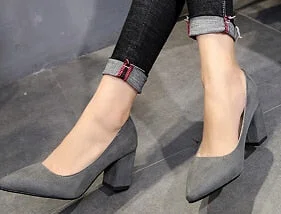 Aphixta Shoes Square Heel Women Pointed Toe Pumps Fashion Gray High Heels Flock Leather Black Party Shoes Plus Big size 47 48 50