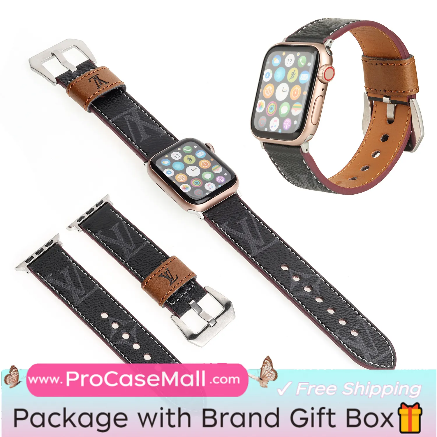 LV Genuine Leather Monogram Canvas Apple Watch Strap Checkerboard Canvas