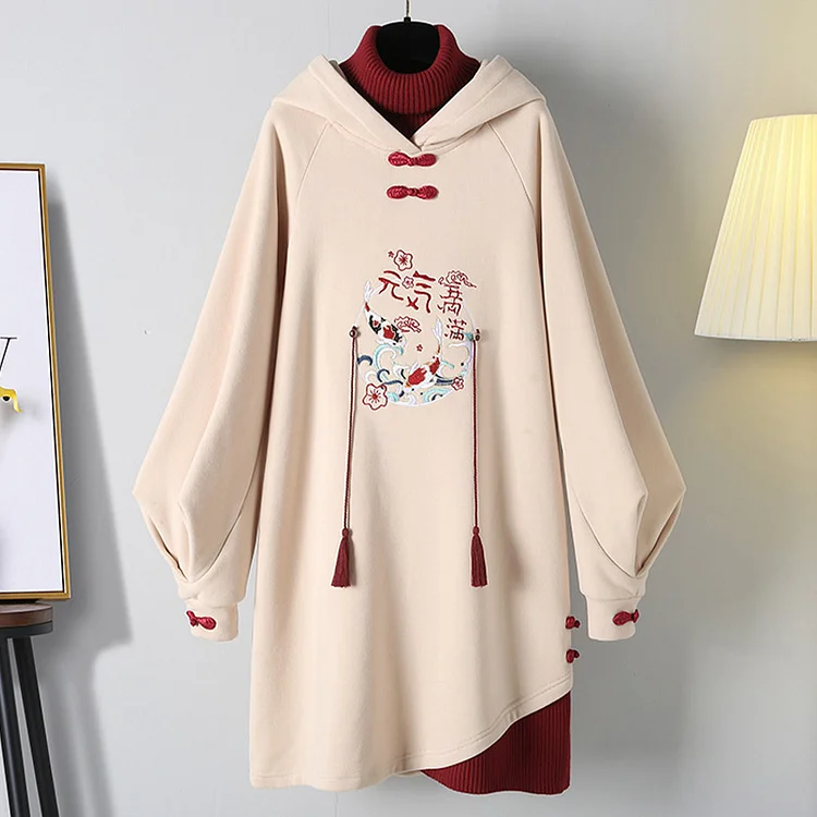 Embroidery Color Block Fringed Hooded Vintage Sweatshirt Dress - Modakawa Modakawa