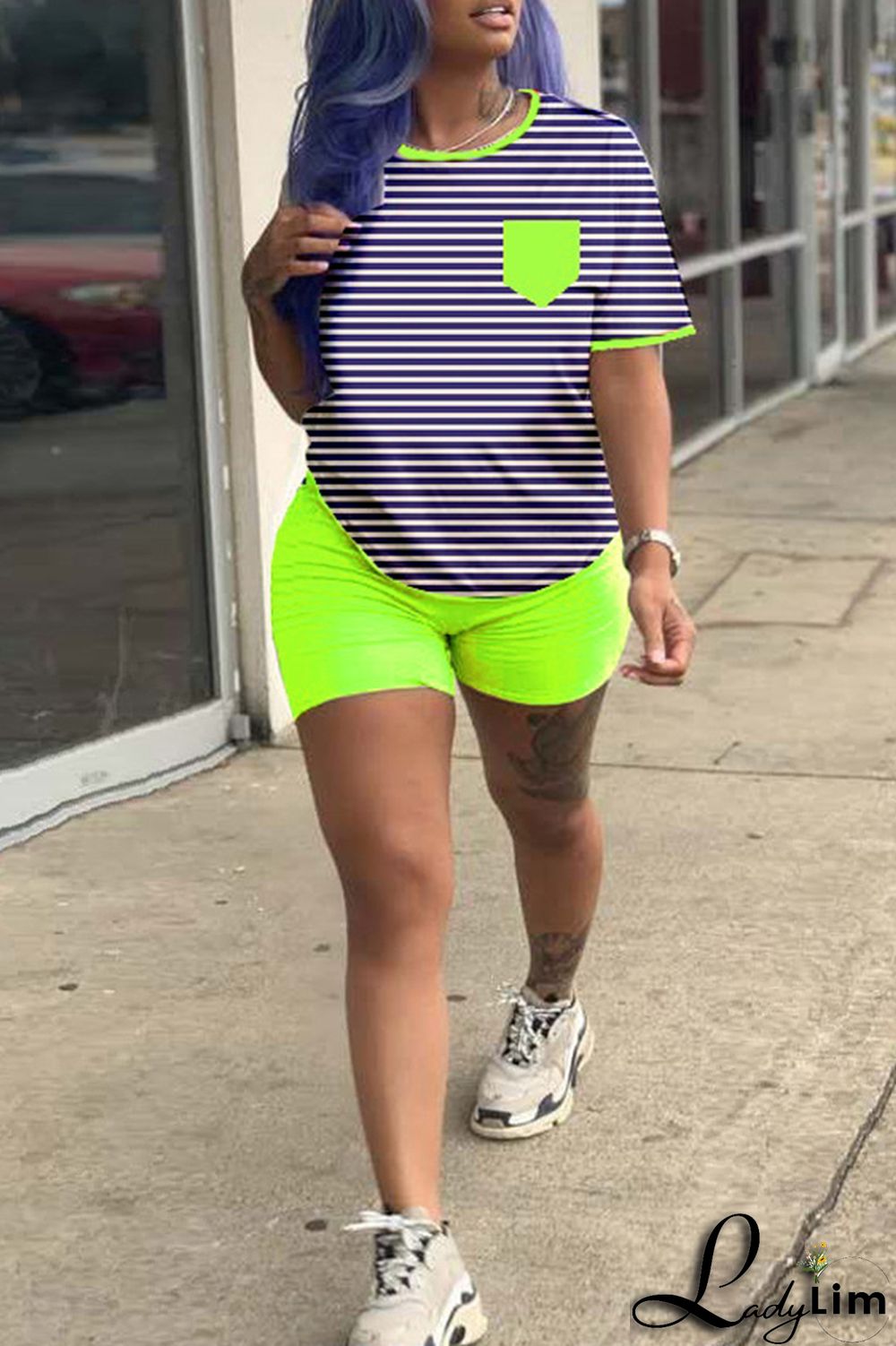 Fluorescent Green Fashion Casual Striped Print Patchwork O Neck Short Sleeve Two Pieces