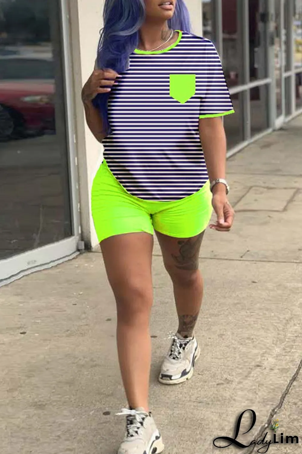 Fluorescent Green Fashion Casual Striped Print Patchwork O Neck Short Sleeve Two Pieces