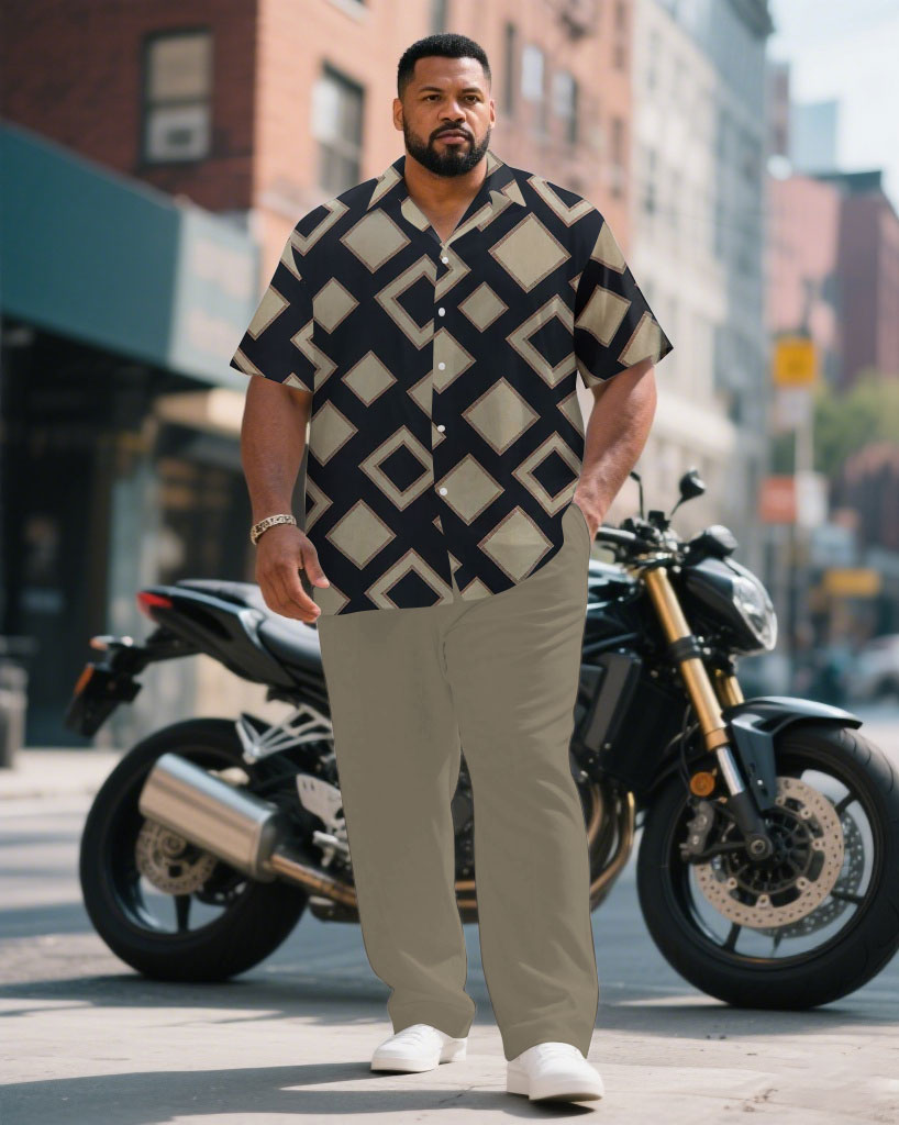 Men's Plus Size Business Black & Khaki Geometric Arrangement Short Sleeve Shirt Pants Suit