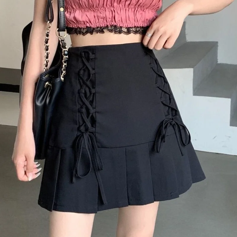 HOUZHOU Korean Fashion Pleated Skirt Women Kawaii Cute Lace Up Bow Patchwork High Waist A-line Mini Skirts Summer Preppy Style