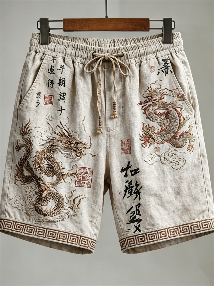Men's Japanese Dragons Calligraphy Art Drawstring Linen Shorts elevenforest