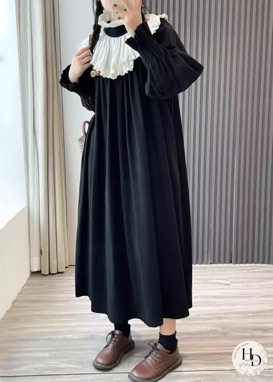 Loose Black Wrinkled Pockets Cotton Dress Long Sleeve