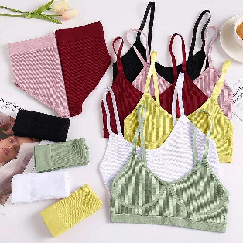 Women Sexy Underwear Seamless Bra Set High Waist Panties Female Bralette Lingerie Fitness Crop Top Simple Active Girls Sport Bra