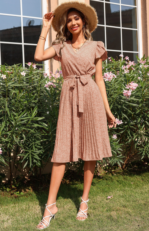 Mature Women Spring And Summer Casual Printed Skirt Pleated V-neck Dress