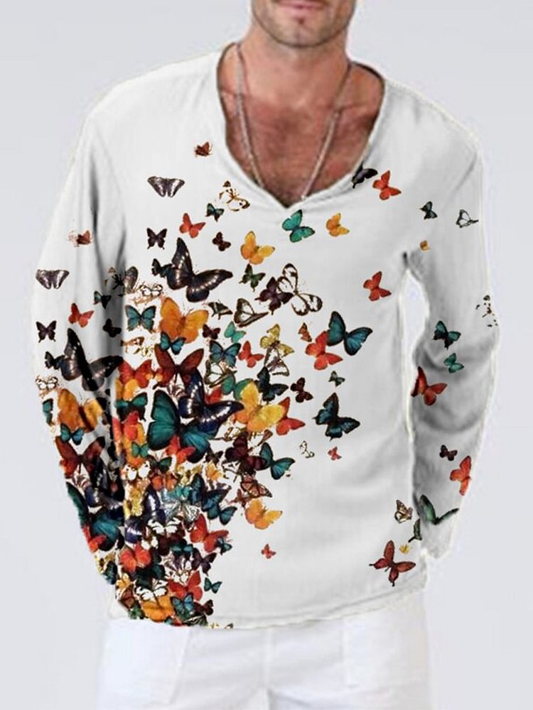 Pre-sale Men's butterfly printed cotton linen shirt