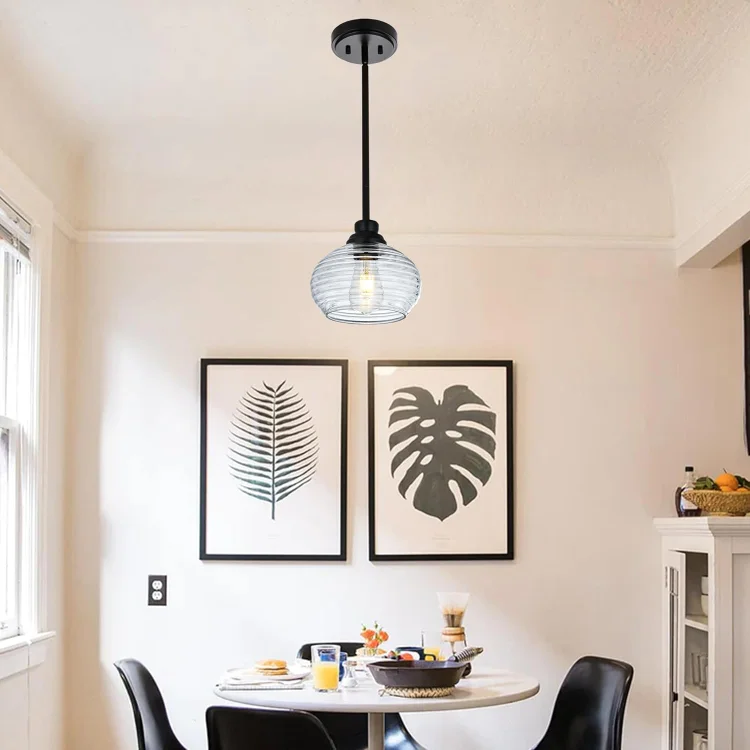 Single Pendant Light Black with Clear Water Ripple Glass, Modern Kitchen Lights Ceiling Hanging Contemporary Coastal Pendant Lighting