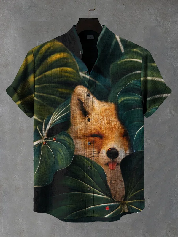 Men's Naughty Fox Hiding In The Leaves Art Print Casual Shirt