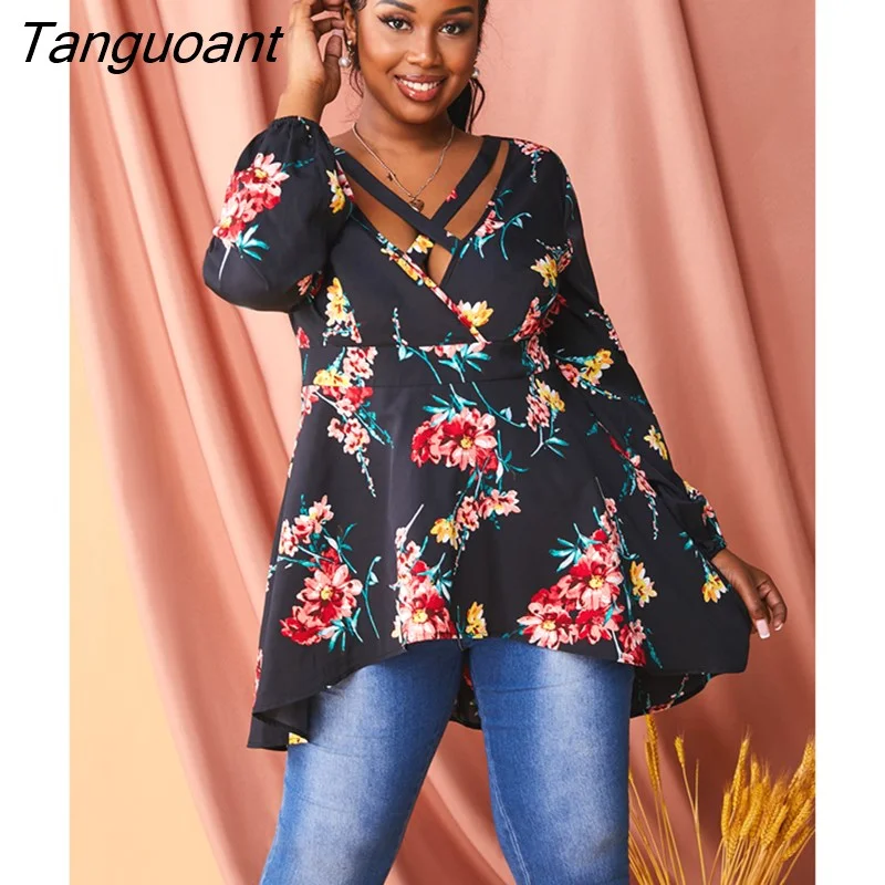 Tanguoant Plus Size Floral Print High Low Tops Women Plunge Neck Asymmetrical Blouses 2022 Autumn Long T-shirt Casual Clothes 5XL
