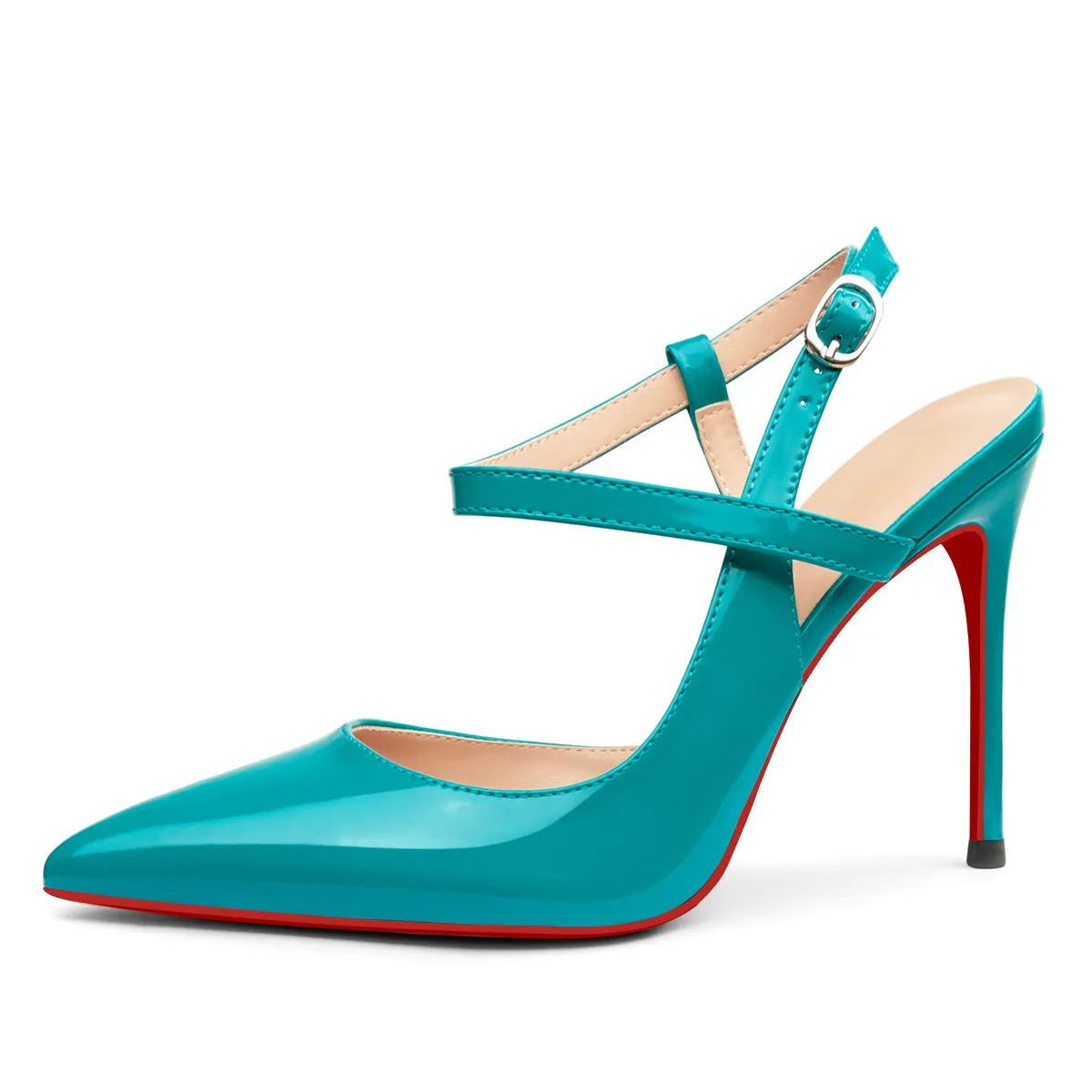 100mm Women Slingback Patent Pumps Ankle Strap Jenlove Stiletto Mid Heel Close Pointed Toe Dress Red Bottoms Shoes