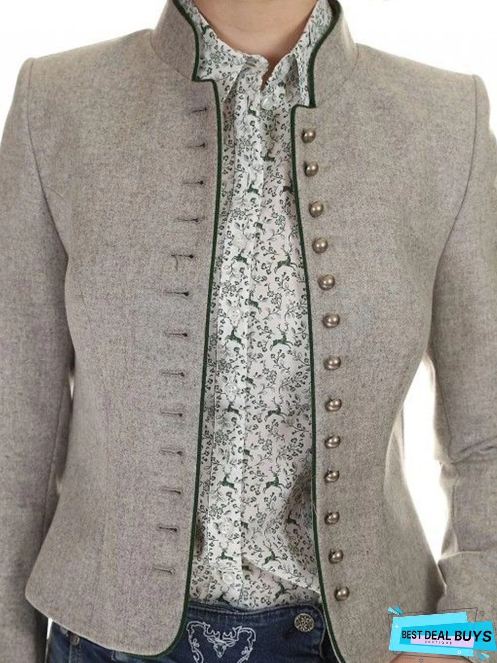 Solid Buttoned Vintage Blazer Jacket Stand Collar