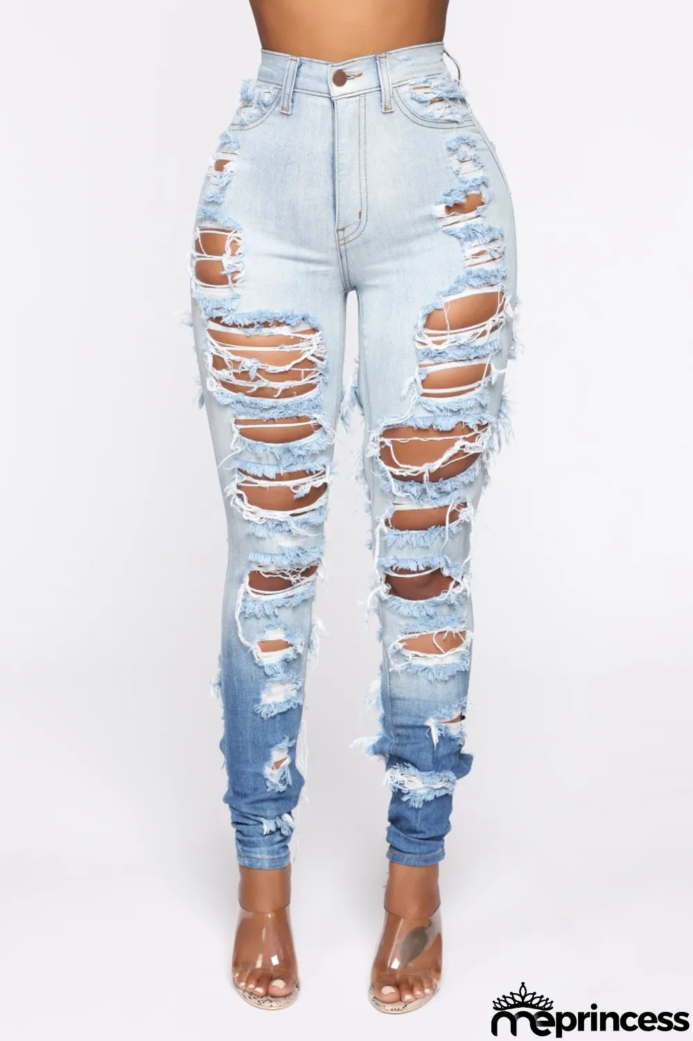 Summer High Waist Tight Ripped Blue Disdressed Jeans