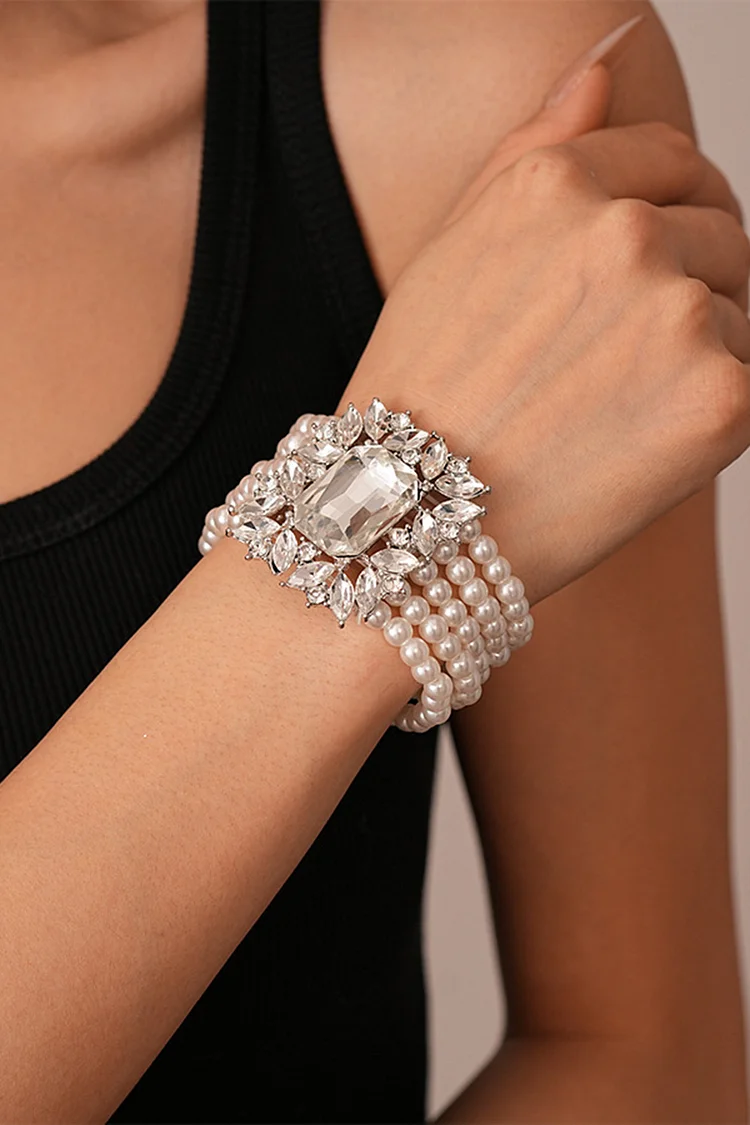 Retro Silver Rhinestone Multi-Layered Pearl Choker Necklace Bracelet Stud Earrings 2024 - Xpluswear